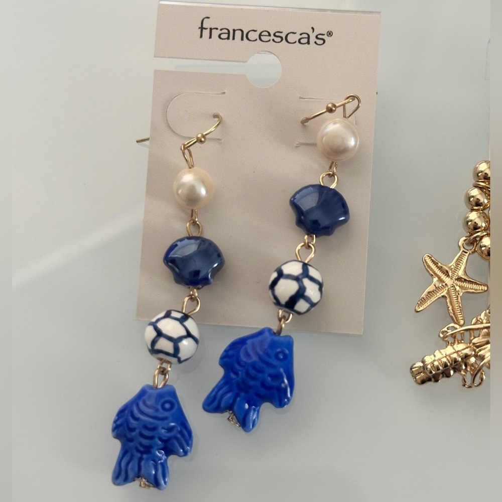 Francesca's Collections Blue and White Fish Earrings